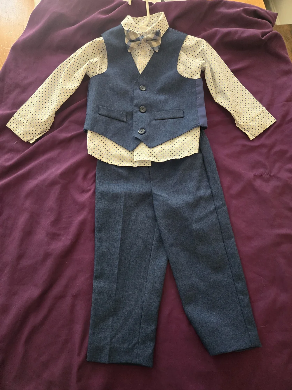 Van Heusen Boys Navy Blue Vest & Pants Set with Polka Dot Shirt and Bow Tie